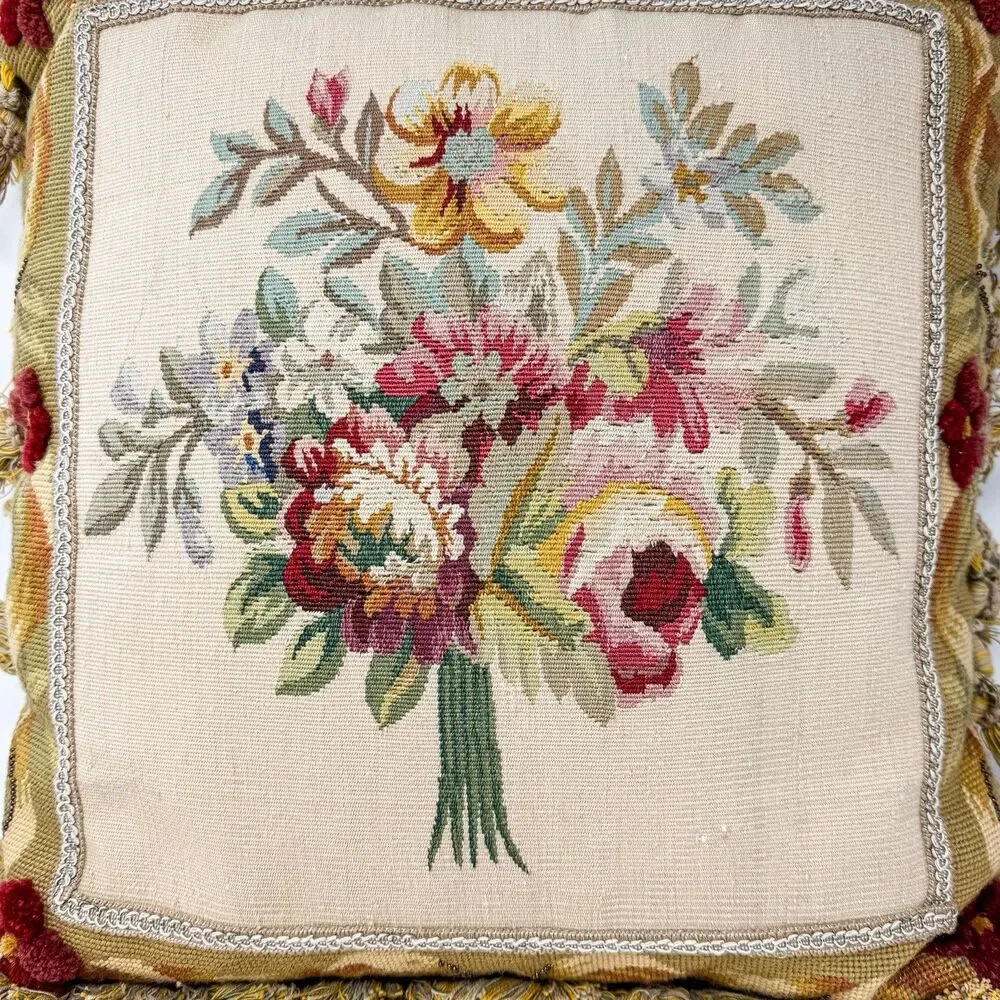 Vintage 18” Aubusson Floral Petit Point Needlepoint Beaded Tassel Throw Pillow